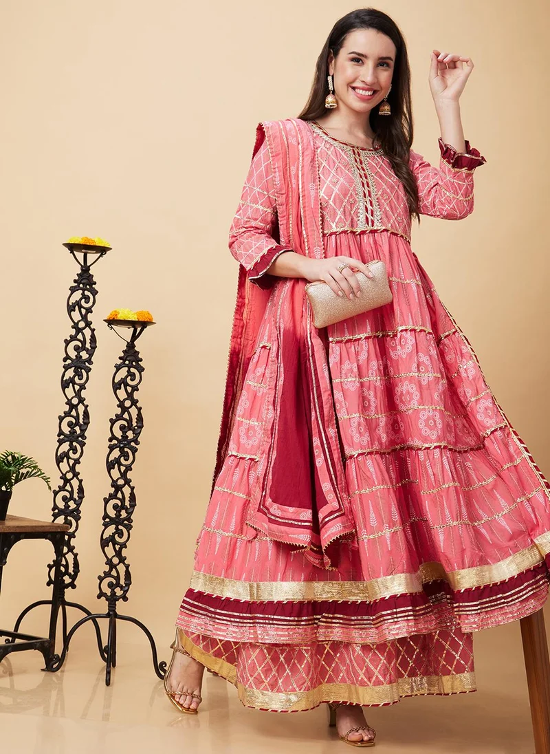 globus Globus Women Printed Gotta Patti Tiered Anarkali Kurta With Sharara & Dupatta Festive Set